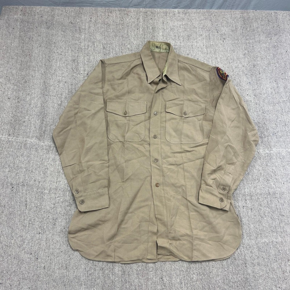 Vintage US Marine Corps Button Up Shirt Mens Large Beige 1950s Long Sleeve USA